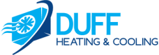 Duff Heating & Cooling logo in blue with a fan and airflow graphic.