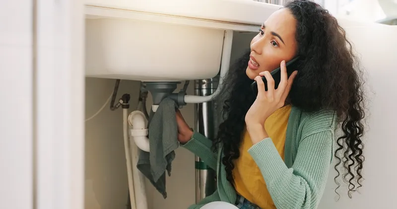 A woman kneeling under a sink inspecting plumbing, holding a rag and calling a plumber on her phone