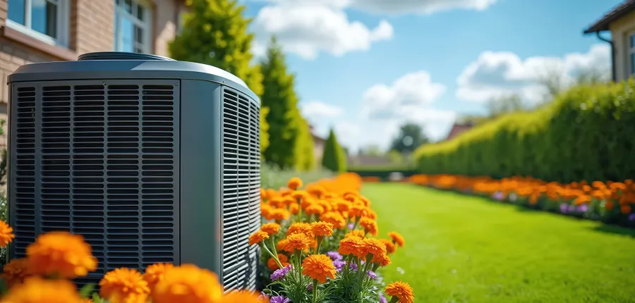 Residential outdoor air conditioner condenser by house with bright orange flowers and manicured green lawn under blue sky.